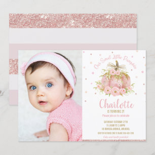 Chic Pink Pumpkin 1st Birthday Girl Photo Invitation