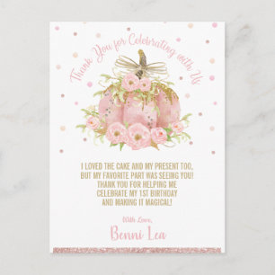 Chic Pink Pumpkin 1st Birthday Party Thank You Postcard