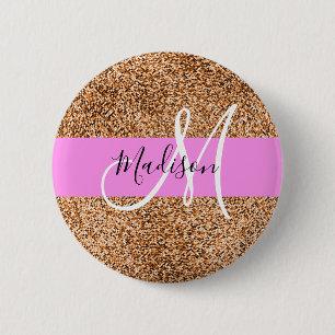 Chic Pink & Pumpkin Glitter Sparkles Monogram Name 6 Cm Round Badge
