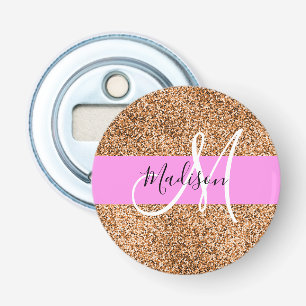Chic Pink & Pumpkin Glitter Sparkles Monogram Name Bottle Opener