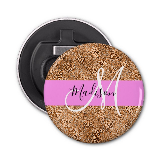 Chic Pink & Pumpkin Glitter Sparkles Monogram Name Bottle Opener (Front)