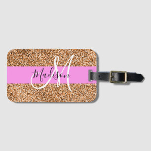 Chic Pink & Pumpkin Glitter Sparkles Monogram Name Luggage Tag