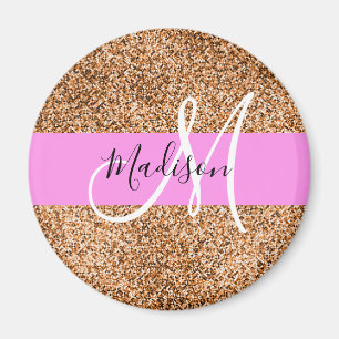 Chic Pink & Pumpkin Glitter Sparkles Monogram Name Magnet