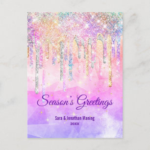 Chic pink purple drips glitter new year Christmas Postcard