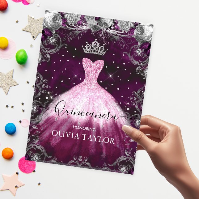 Chic pink purple floral glitter gown Quinceanera  Invitation (Creator Uploaded)