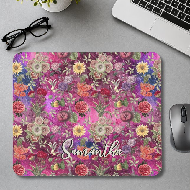 Chic pink purple flowers monogram floral pattern mouse pad (Creator Uploaded)