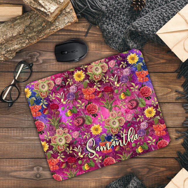 Chic pink purple flowers monogram floral pattern mouse pad (Creator Uploaded)