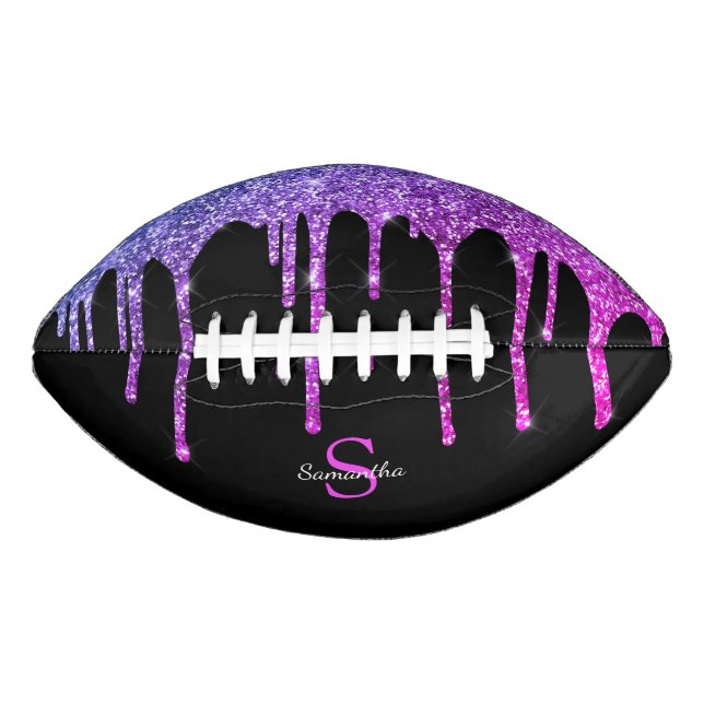 Chic Pink Purple Glitter Sparkle Drips Monogram Football (Front)