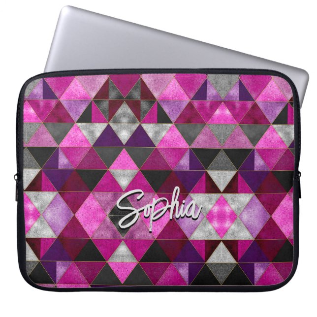 Chic pink purple grey geometric laptop sleeve (Front)