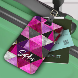 Chic pink purple grey geometric luggage tag