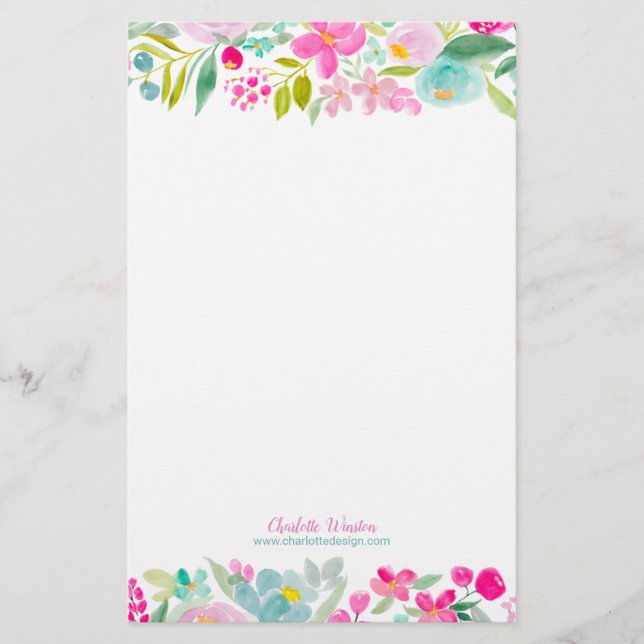 Chic pink  purple loose floral watercolor flowers stationery (Front)