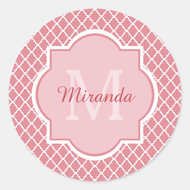 Chic Pink Quatrefoil Monogram With Name Classic Round Sticker (Front)