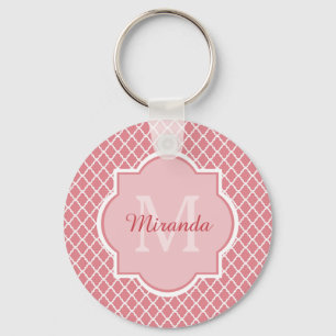 Chic Pink Quatrefoil Monogram With Name Key Ring