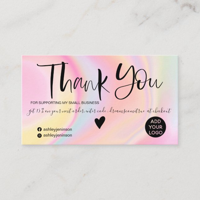 Chic pink rainbow unicorn marble brush thank you business card (Front)