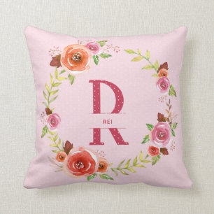 Chic Pink, Red and Orange Watercolor Floral Wreath Cushion