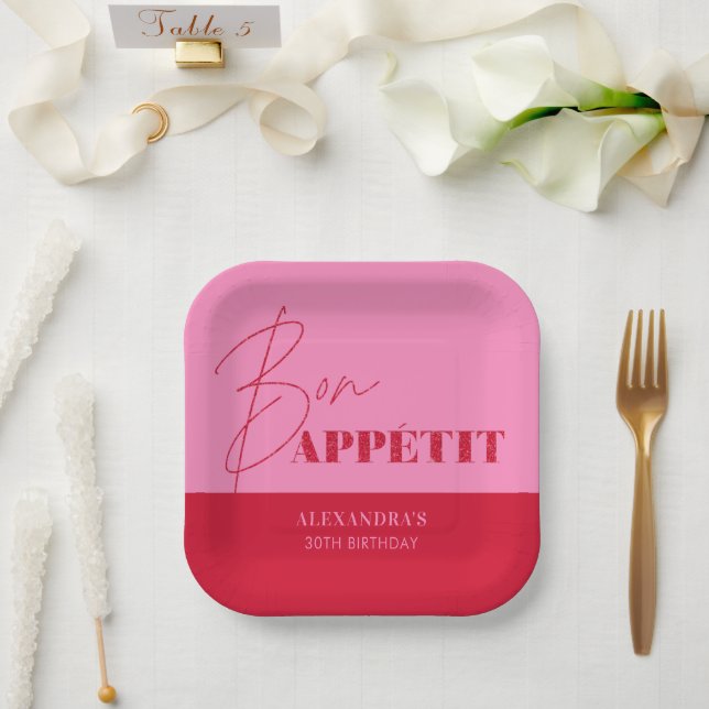 Chic Pink Red Bon Appétit Script Birthday  Paper Plate (Wedding)