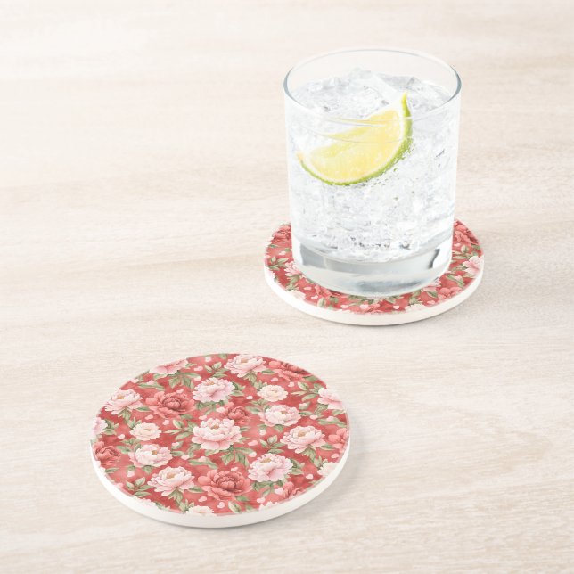 Chic Pink Red Flowers Coaster (Side)