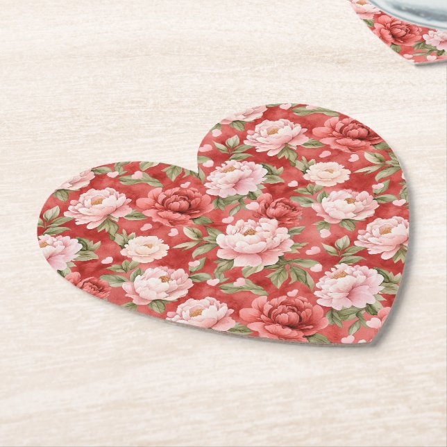 Chic Pink Red Flowers Paper Coaster (Angled)