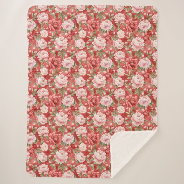 Chic Pink Red Flowers Sherpa Blanket (Front)