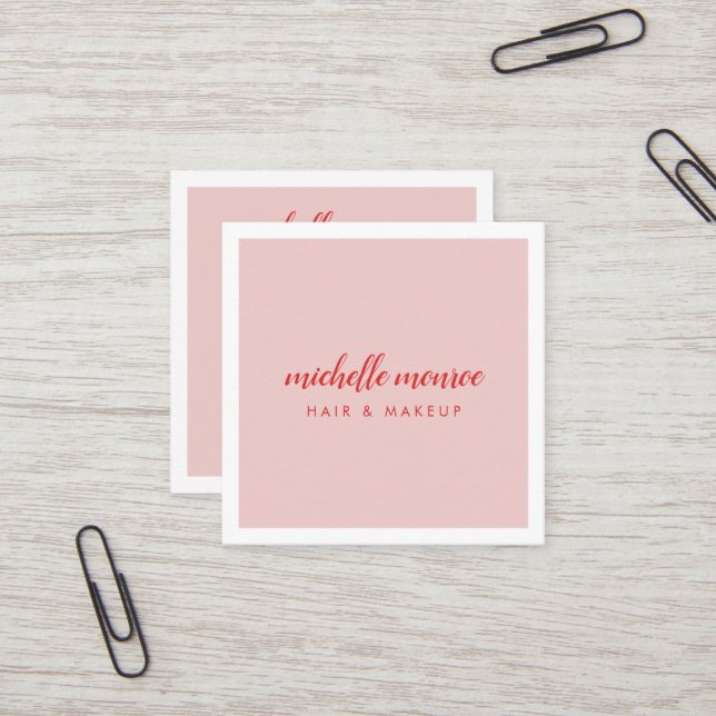Chic Pink/Red Makeup Artist, Hair Stylist Square Business Card (Front/Back In Situ)