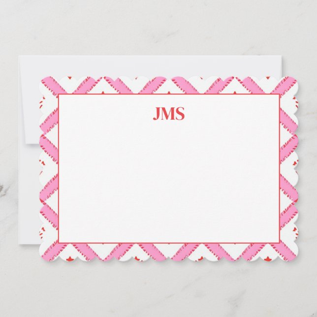 Chic Pink & Red Pattern Monogram Stationary Card (Front)