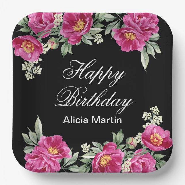 Chic Pink Red Violet Peony Floral Black Birthday  Paper Plate (Front)