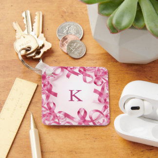 Chic Pink Ribbon Awareness Frame Monogrammed Key Ring