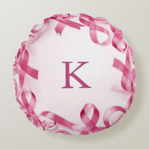 Chic Pink Ribbon Awareness Frame Monogrammed Round Cushion