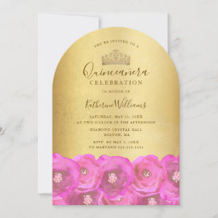 Chic Pink Rose Floral Gold Crown Quinceañera  Invitation