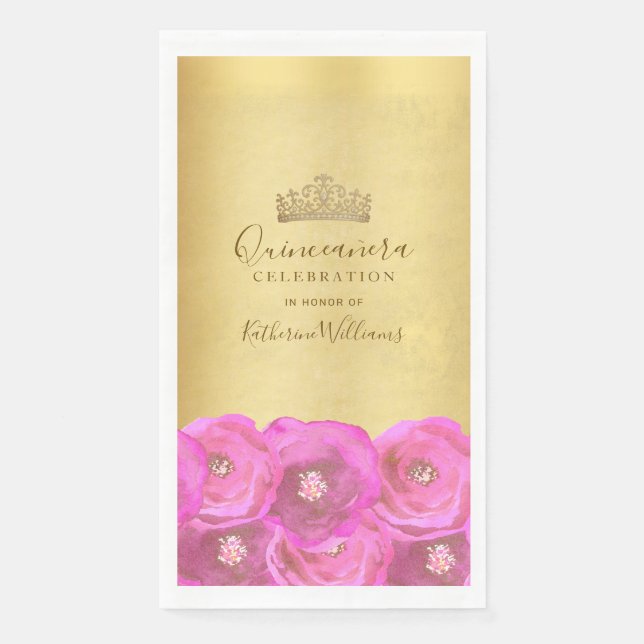 Chic Pink Rose Floral Gold Crown Quinceañera Napkin (Front)