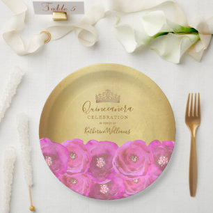 Chic Pink Rose Floral Gold Crown Quinceañera Paper Plate