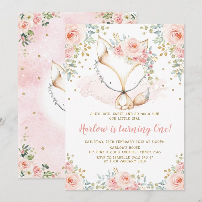 Chic Pink Rose Girl Fox Baby 1st Birthday Woodland Invitation (Front/Back)