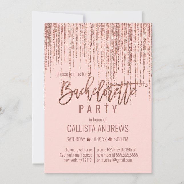 Chic Pink Rose Gold Glitter Fringe Bachelorette Invitation (Front)