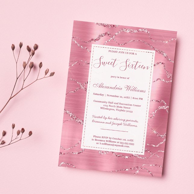Chic pink rose gold glitter marble Sweet 16  Invitation (Chic pink rose gold glitter marble Sweet 16 )