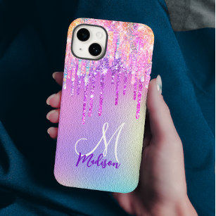 Chic pink rose unicorn dripping glitter monogram Case-Mate iPhone 14 case