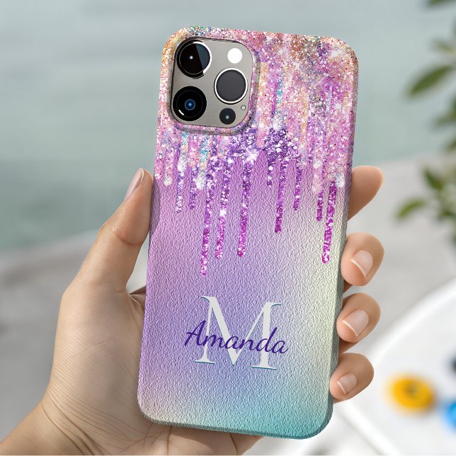 Chic pink rose unicorn dripping glitter monogram Case-Mate iPhone case (Creator Uploaded)