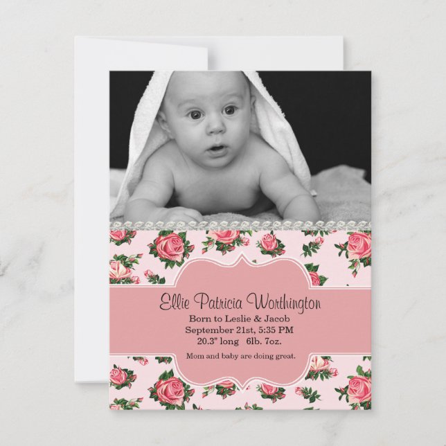 Chic Pink Roses Baby Girl Birth Announcement (Front)