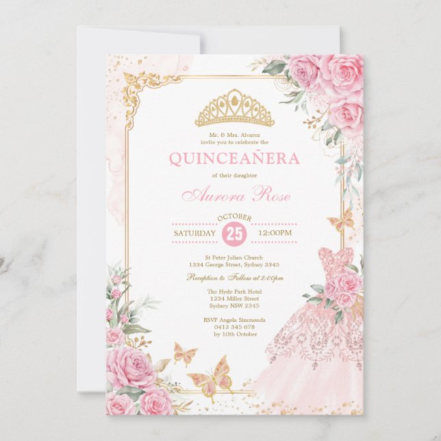 Chic Pink Roses Crown Princess Dress Quinceañera I Invitation (Front)