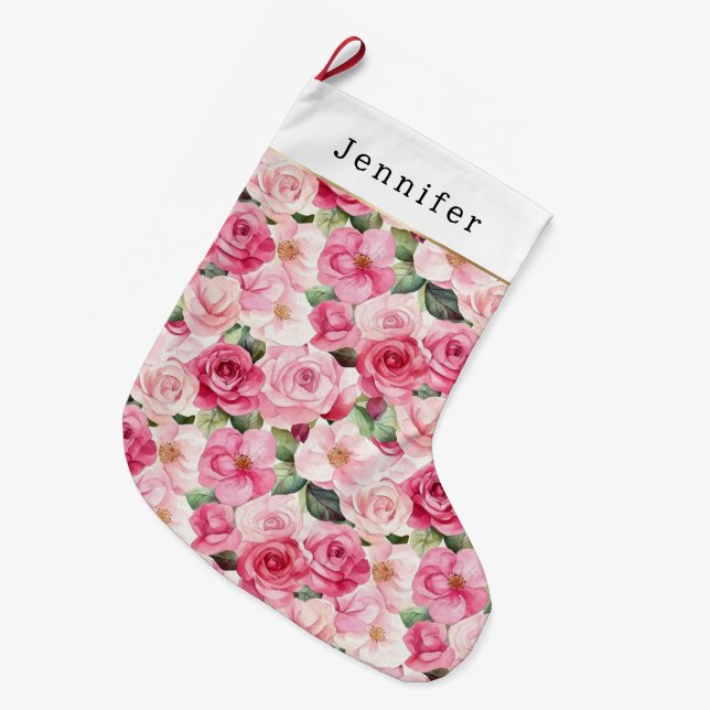 Chic Pink Roses Floral Christmas Large Christmas Stocking (Front (Hanging))