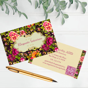 Chic Pink Roses Floral QR Code Business Card