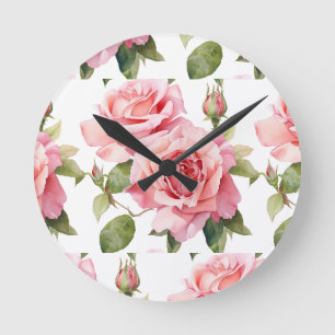 Chic Pink Roses Flowers Floral Clock