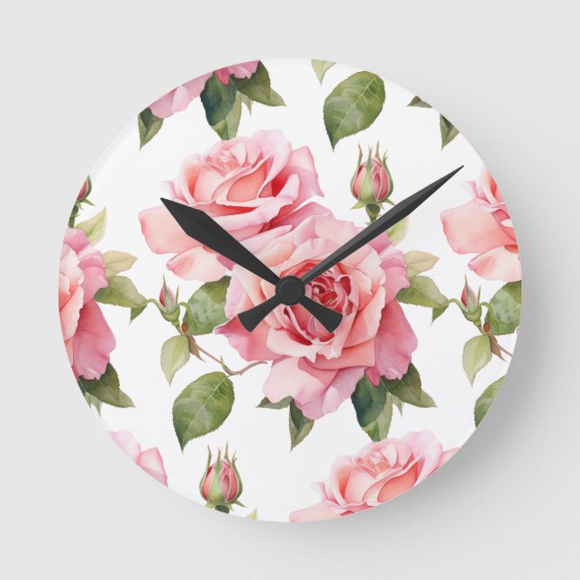 Chic Pink Roses Flowers Floral Clock (Front)