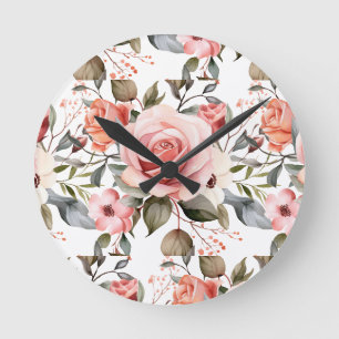 Chic Pink Roses Flowers Floral Clock