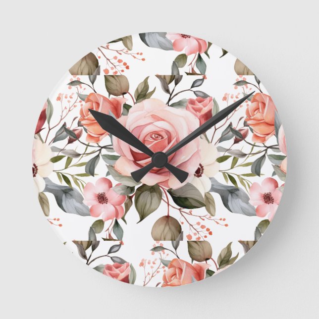 Chic Pink Roses Flowers Floral Clock (Front)