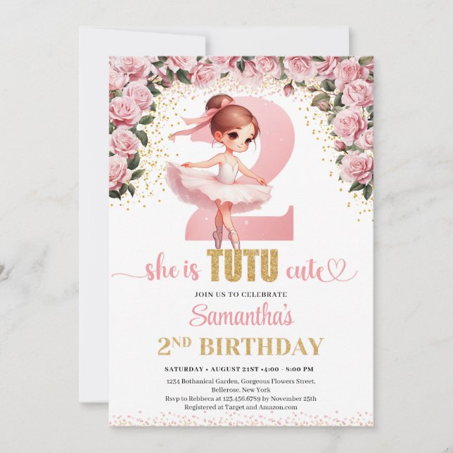 Chic pink roses gold ballerina girl 2nd birthday invitation (Front)