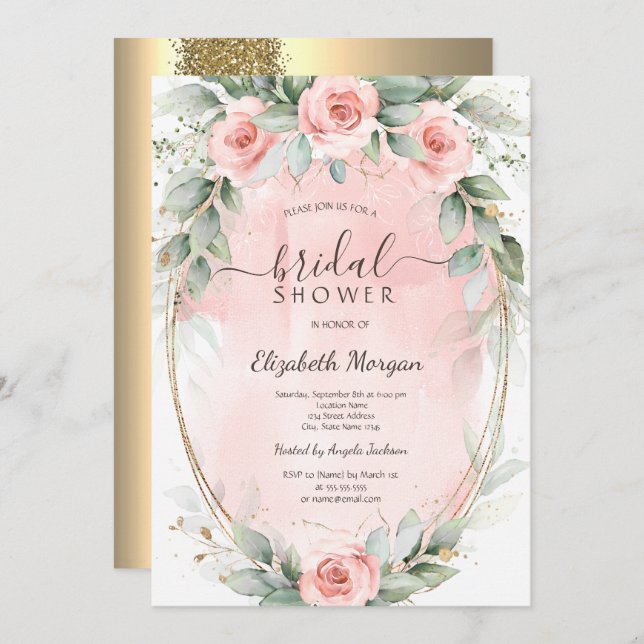 Chic Pink Roses Gold Frame Glitter Bridal Shower  Invitation (Front/Back)