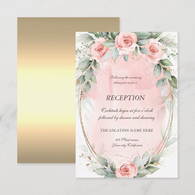 Chic Pink Roses Gold Frame Reception   Invitation (Front/Back)