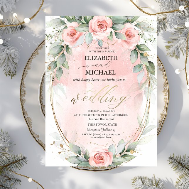 Chic Pink Roses Gold Frame Wedding Invitation (Creator Uploaded)