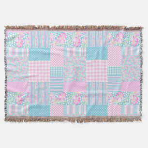 Chic Pink Roses on Sky Blue Faux Patchwork Throw Blanket
