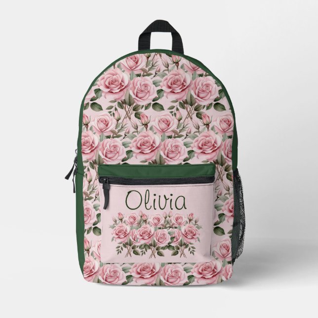 Chic Pink Roses Printed Backpack (Front)